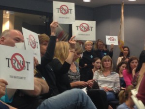 Hannah DaGiau/ La Vista MISGIVINGS: Manhattan Beach Unified School District teachers and parents show their discontent at a Board of Trustees’ meeting on Wednesday, where they held signs directed at the Board, stating “Trust, You have lost it.”