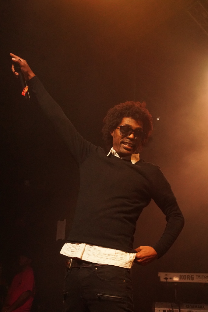 One half of Pharcyde, Bootie Brown, gets funky during one of their songs.