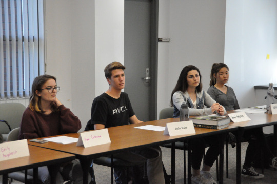  Student Representatives Alyssa Castruonovo, Duke Mahr, Jamie Hoffman, and Katie Tominaga listen in on the Stress and Wellness Meeting.