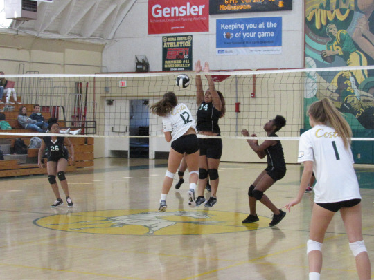 Junior Emily Dubinsky hits the ball into the net in an attempt to score against the Inglewood Girls Varsity Team. The Mira Costa Girls Varsity Team defeated the Inglewood Girls in a decisive victory, sweeping them in three matches to none.