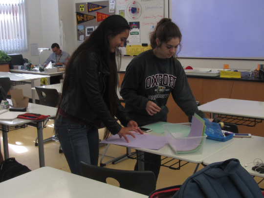 Sophomores Tamara Tran and Danielle Deluca make posters for the STEM for Kids club this Monday at lunch. The STEM for Kids club meets every Monday in Mr. Nodado’s room and is aimed to bring STEM to less privileged schools. 