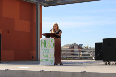 Speaker Jennifer Cochran speaks at the Core Values Assembly at lunch on Wednesday. 