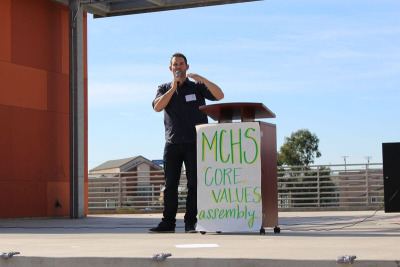 Speaker Chris Stretch, Mira Costa’s girls volleyball sports physiologist, tells students what he does with Costa. 