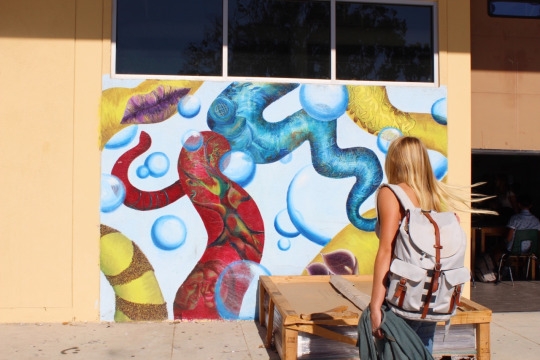 Sophomore Riley Hazelrigg, along with many other Mira Costa students, enjoy the various murals spread around the campus as they walk from class to class. Since the creation of the school, several murals have been done throughout the grounds.