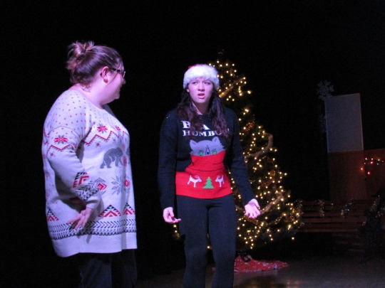 Mira Costa Sophomore Stephanie Sala performs a comedy skit to start off the Drama Benefit show.