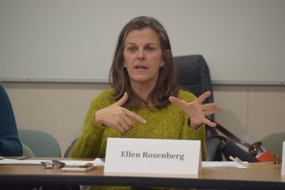Board of Trustees member Ellen Rosenberg opens the meeting with  refresher on last meetings events.