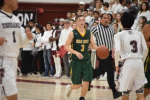 Senior Ryan White dribbles the basketball down the side line towards Costa’s basket.