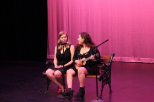 Sophomores Danielle Healy and Sophia Aguirre perform their skit and duet in the small theater. They sang the song The Awkward Duet by Dodie Clark. 