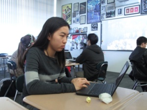  Mira Costa Junior Devon Liu writes a letter to the fictional character Ethan Frome in her English class on Tuesday. The class was performing a project alluding to the novel as well as Valentine’s Day.