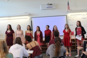 Girls coterie performed a valgram in a fourth period english class. The girls wore red and pink to get in the valentines day spirit while they serenaded many people throughout the day.