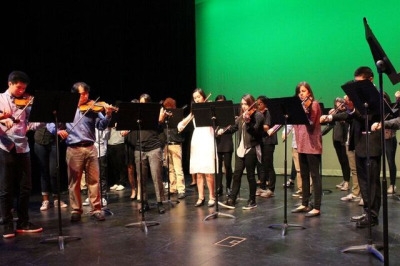 The Mira Costa Violin Choir plays the Sonate in A Major, OP. 3, NO.2 by Allegro directed by Jean Marie Leclair. The Violin Choir started off the show in the small theater. 