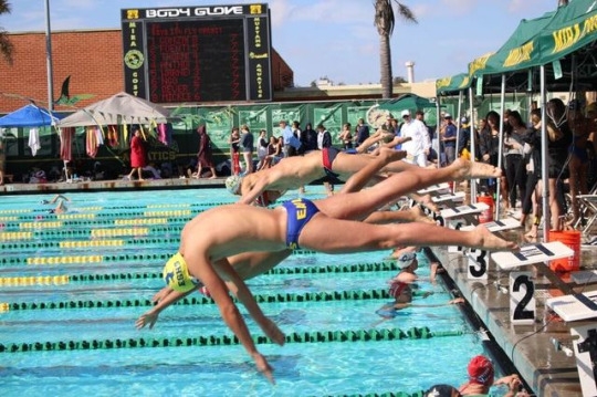 All of the swimmers dive to start off the Boys Varsity 100 meter butterfly with Costa swimmers Henry Anthony and Andrew White. Anthony went on to get first in this event while White got fourth.