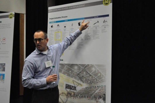 Architect Peter Barsuk speaks to community members about the Measure EE plans. The Gensler Architectural Firm as well as the Manhattan Beach Unified School District held an open house to inform community members of the plans. 