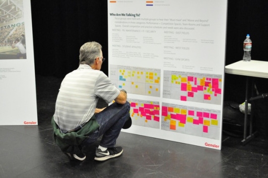 Athletic PE and Health teacher Mr. Beaumont observes notes left on one of the boards. Those that attended the open house were asked to write their comments sticky notes and stick them on the boards. 