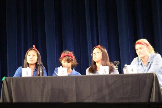  Juniors Izzy Lau, Sophia Arnao, Jasmine Wu and Ella Pachler compete against Lu’s team during the Scholar Quiz Finals held during second period on Wednesday. Lau’s team was the first ever all girls team to make it to the finals.
