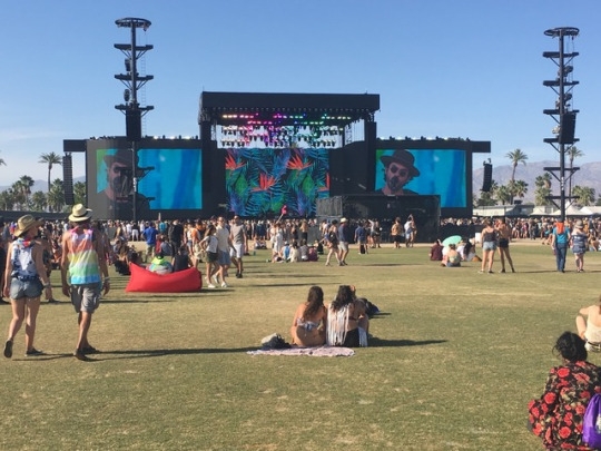 People sit on the grass and watch one of their favorite bands perform at Coachella on April 22. They stayed away from the packed crowed and watched from the Jumbotron.