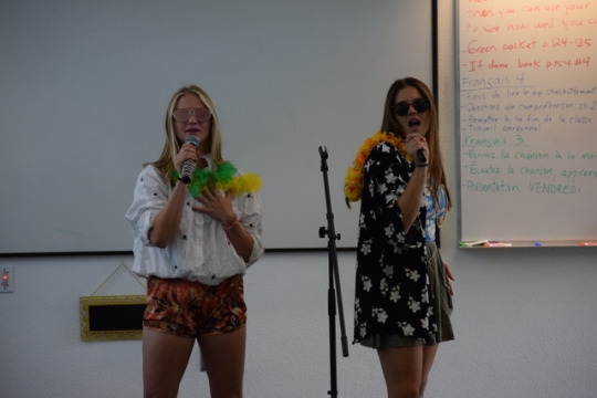 French three students’ Emma Binks and Chase Evers are lip syncing the song My Summer Paradise by Simple Plan feat. Sean Paul during third period on Friday. Madame Buck’s french three students’ paired up in a duet or as a soloist to lip sync a song in front of the class. 