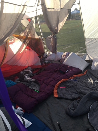 The tents are set up and sleeping bags are put into the tents by the Relay for life teams. People on the teams slept in the tents with their blankets and sleeping bags.