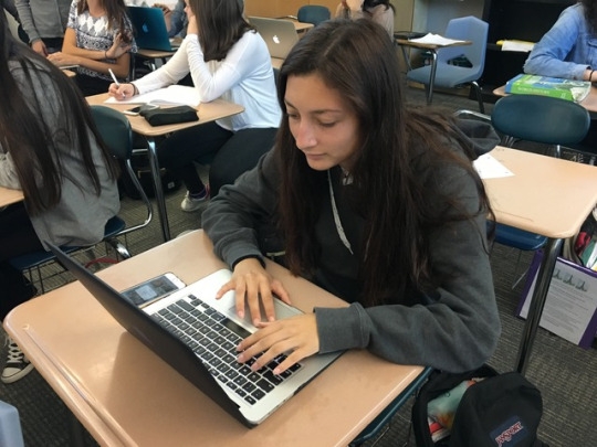 Junior Saskia Jacobson uses her computer to work on a project during Miss Buck’s 5th period French class. French 3 students were assignment a project where they have to write about their future self. 