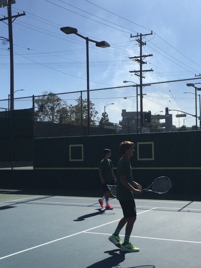 Kyle Chen and partner Nick Darrow playing their match at the Mira Costa tennis courts against PV May 2 2017. The match they played was the first round in the tournament.